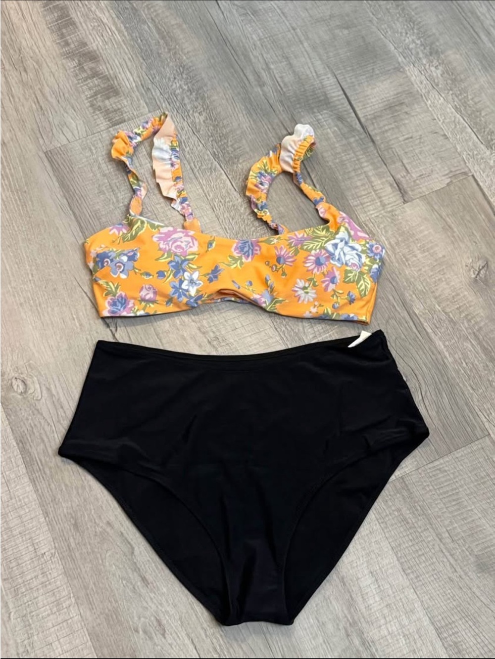 aerie Yellow Floral Ruffle-strap Bikini Top with Black High-Waist Bottom Set